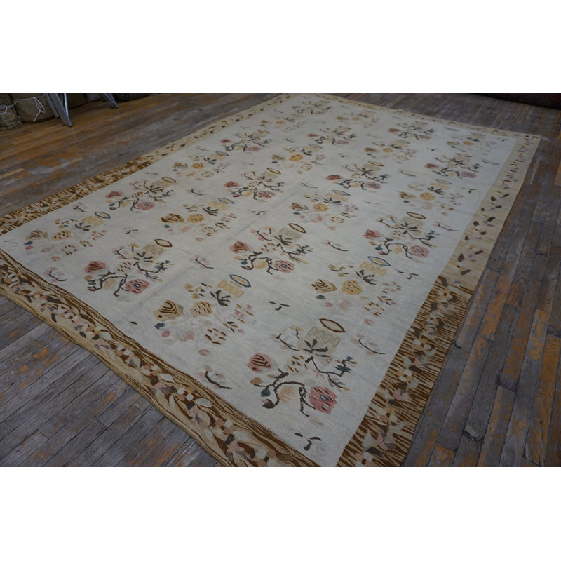 Room Size Antique Light Ivory Color Floral Flatwoven Bessarabian Kilim Rug
