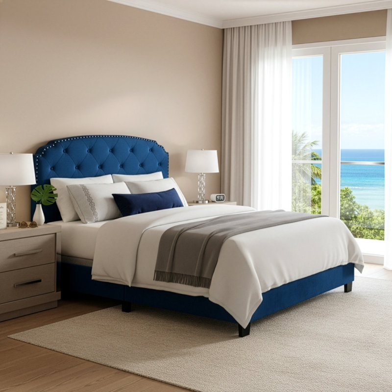 Upholstered Standard Bed, Blue Velvet