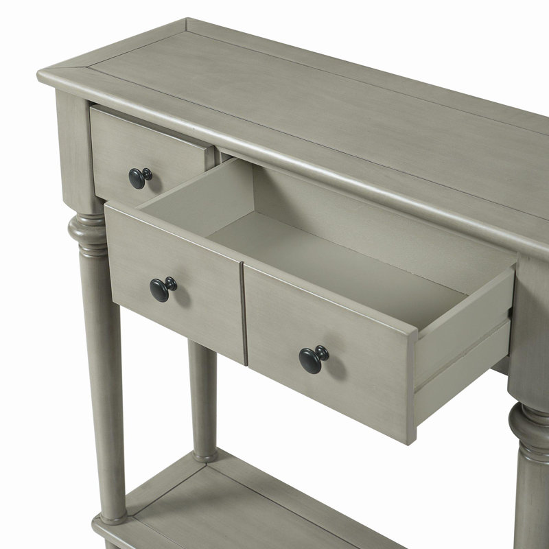 Retro Console Table with 4 Drawers and Open Shelf, perfect for Entryways, Living Rooms, Gray Wash Duplicate