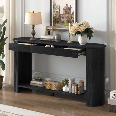 Console en placage de chêne moderne de 59,8 po avec 3 tiroirs, table d'entrée de style campagnard avec tablette, table de canapé en bois de conception semi-circulaire, convient au salon, au couloir, au vestibule, au vestibule, au couloir