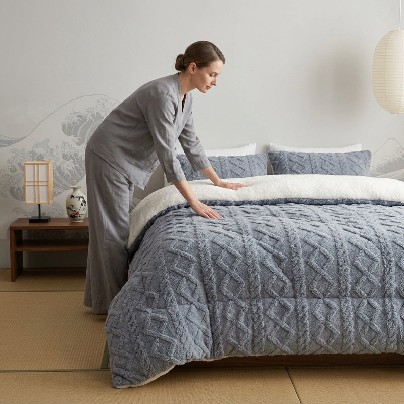 Édredon réversible en peluche gaufrée, épaisse couverture chaude moelleuse en gris, 53 po x 79 po, Lit simple, Gris