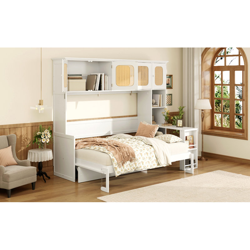 Lit escamotable double avec bureau et armoires en rotin, lit mural peu encombrant pour le bureau personnel, blanc chaud