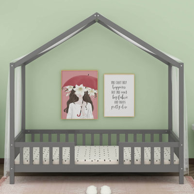 Floor House Bed With High Rails, Wood Low Floor Bed With Roof & Canopy