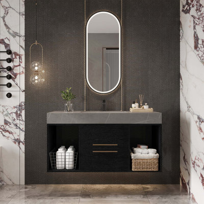 Meuble-lavabo flottant contemporain simple 39,4 po avec comptoir en faux marbre, lavabo en céramique et 2 tiroirs en bois massif multicouches