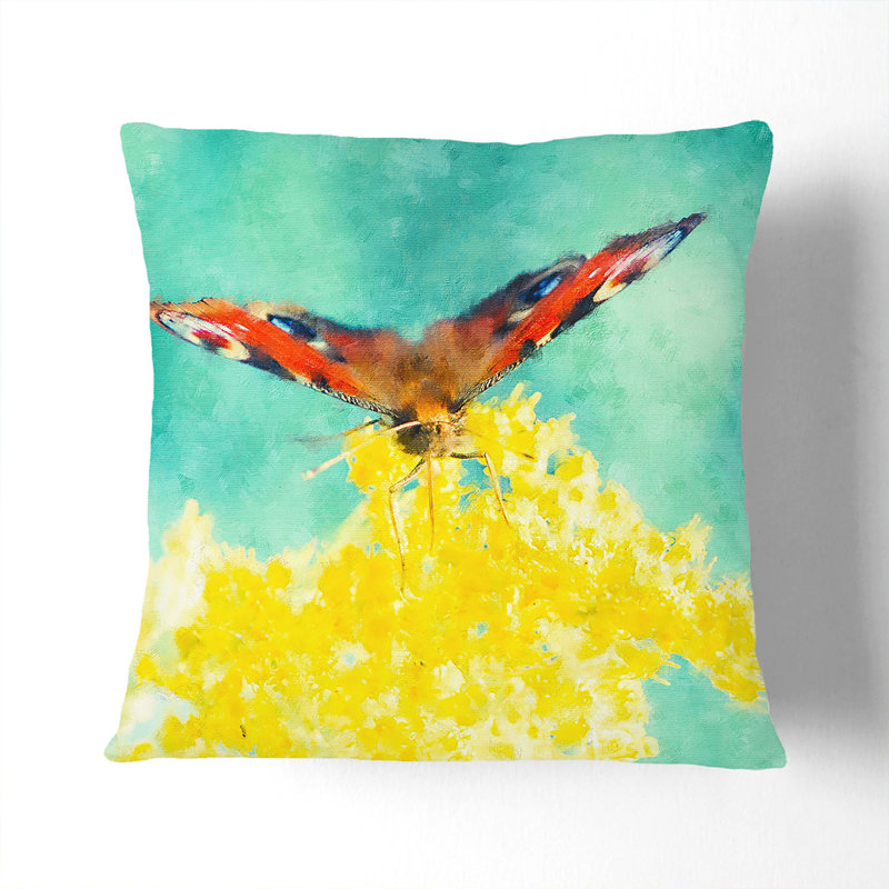 Butterfly On A Yellow Flower Painting Square Throw Cushion, White, 40cm H x 40cm W x 15cm D