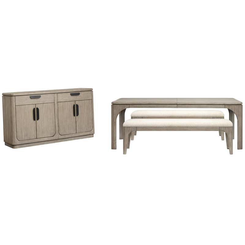 Table de salle à manger extensible rectangulaire avec 2 bancs et une desserte, 4 pièces: table, 2 bancs, desserte