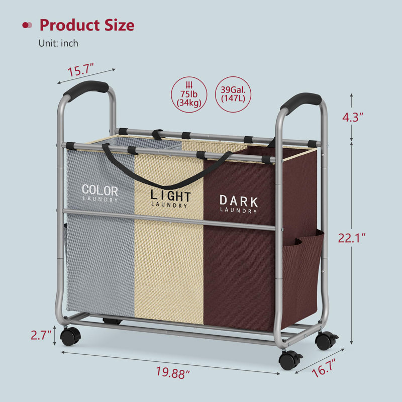 3 Section Laundry Hamper Sorter, Laundry Sorter Cart With Heavy Duty Lockable Wheels And Removable Bags, Laundry Separated Rolling Cart Basket For Clothes Storage, Gray+Beige
