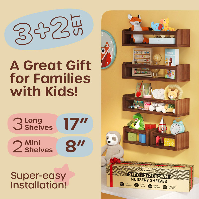 3+2 Floating Nursery Book Shelves, Brown