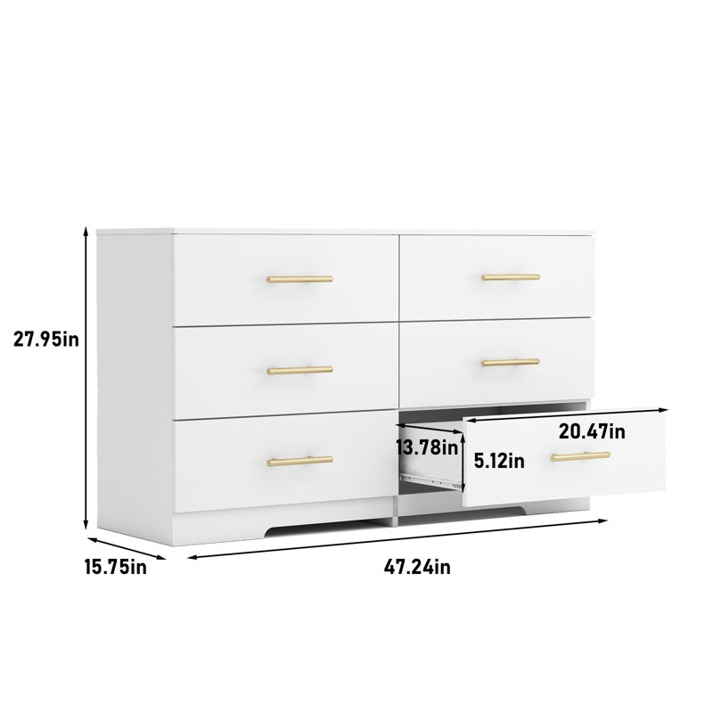 Commode 6 tiroirs blanche avec poignées dorées, bois d'ingénierie, style rustique - Chambre / Chambre d'amis, Blanc