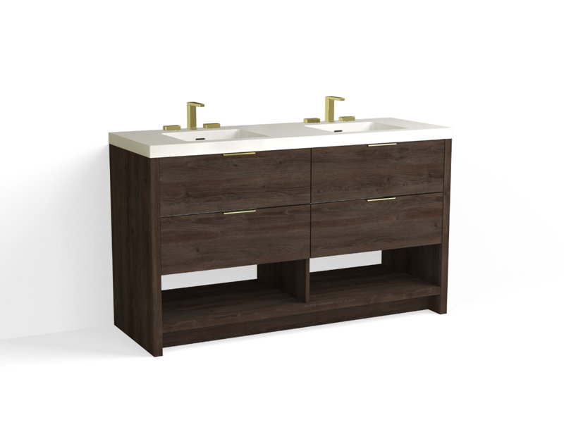 Vue 60" W Freestanding Double Bathroom Vanity, Matte White/8" Widespread, White Nanomatte, Satin Brass