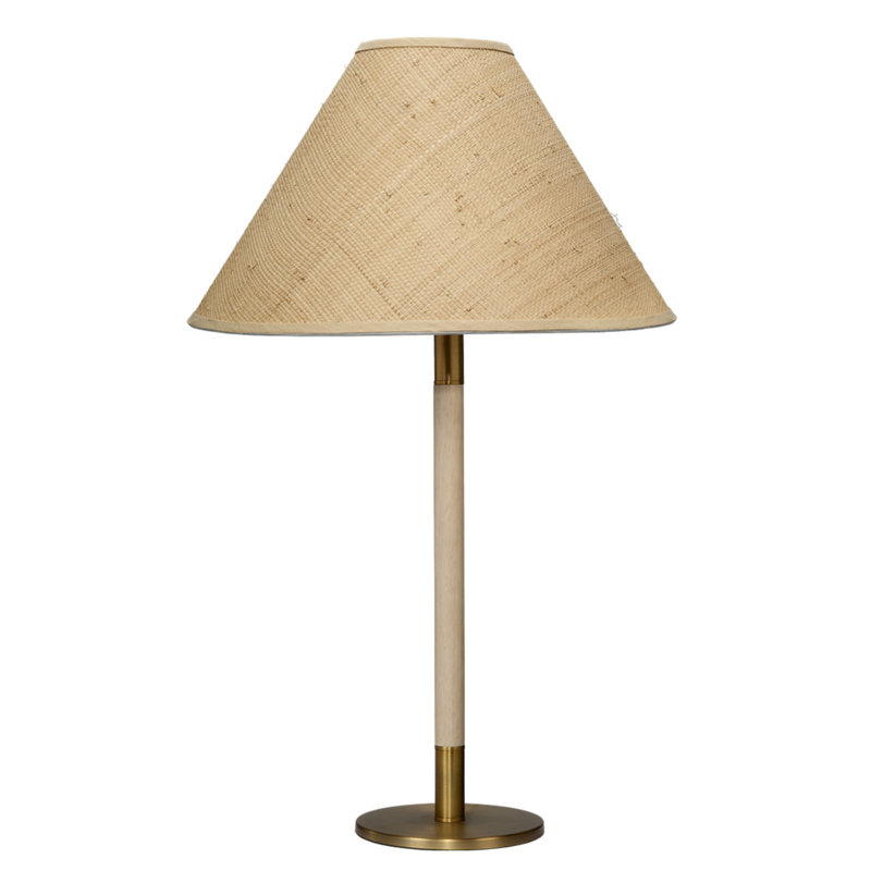 Natural Wood and Brass Table Lamp with Raffia Shade