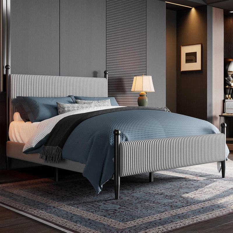 Structure de lit rembourrée avec tête de lit en velours, plateforme en velours côtelé et lattes de bois, aucun sommier nécessaire