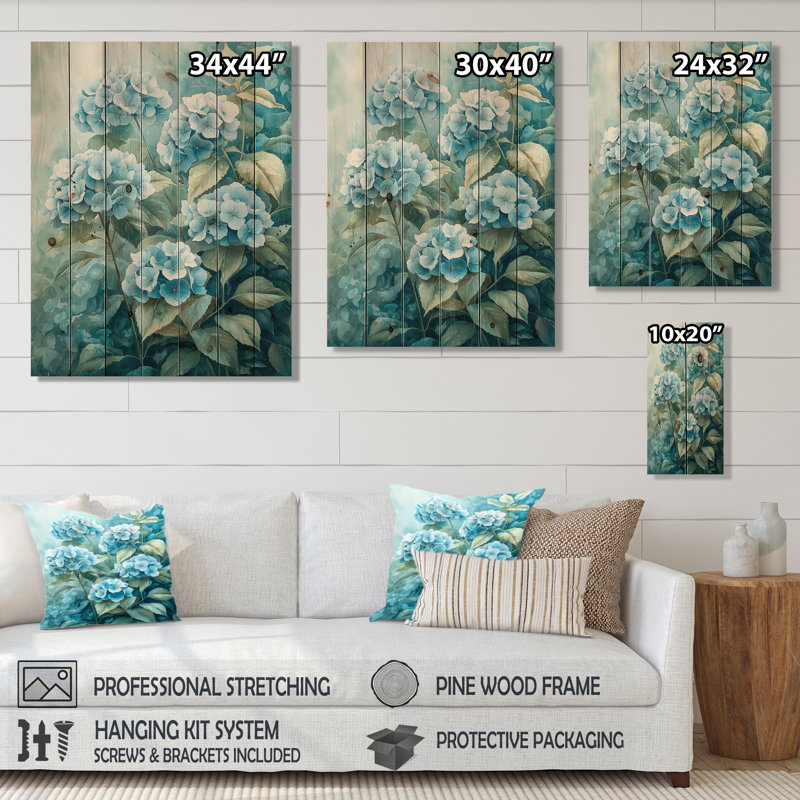 Hydrangea Blossom Harmony II - Hydrangea Wood Wall Decor - On Natural Pine Wood, 44" H x 34" W x 0.78" D
