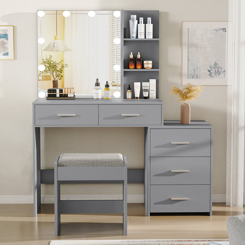 Ensemble de coiffeuse noire avec tabouret et miroir Malissia, Gris
