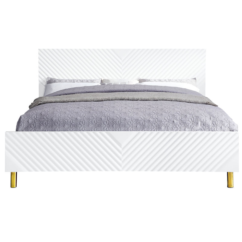 Grand lit, finition ultrabrillante, motif ondulé, pieds en métal, aucun sommier requis, structure entièrement en kd, poids de 660 lb - capacité de charge requise, roulement