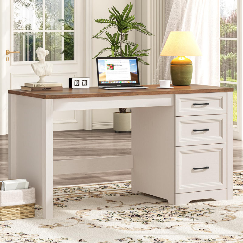 Bureau de direction 55 po en bois avec 3 tiroirs, bureau d'ordinateur de ferme avec armoire de rangement et tiroir classeur
