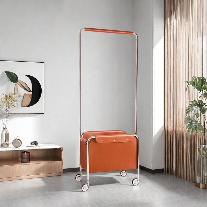Full Steel Coat Rack Saddle Leather Basket, Orange