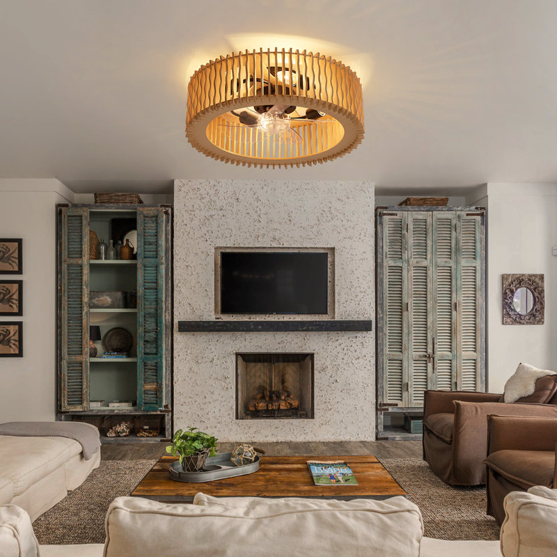 20" 4-Light Flush Mount Natural Wood Ceiling Fan with Light, 5-Blade Fandelier with Remote Control and Reversible DC Motor for All-Season Use