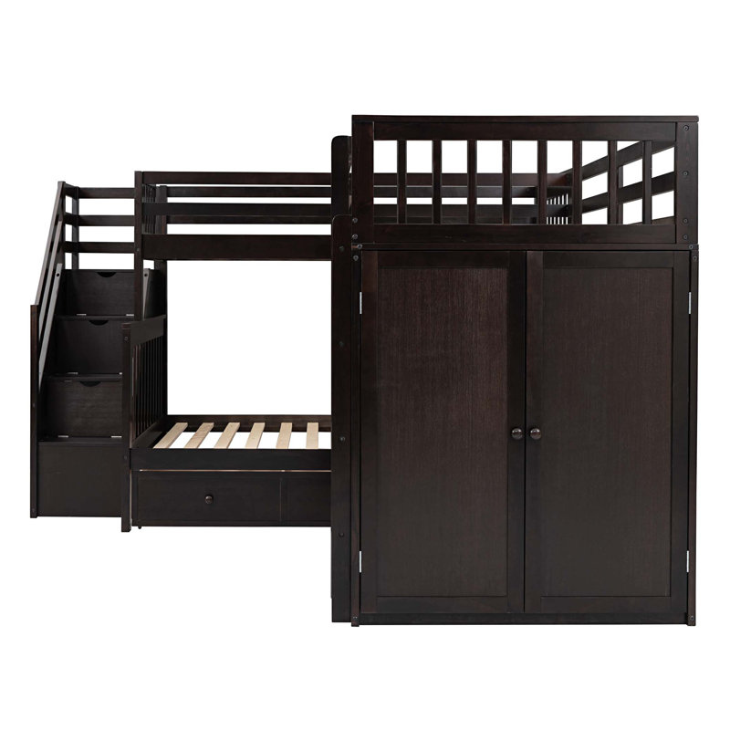 Jahmarion Kids Twin Over Twin Over Full Bunk Bed with Drawers, Espresso