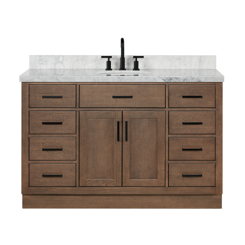 Thornaby 54'' Solid Wood Single Bathroom Vanity with 1.5'' Carrara Marble Top Sink, Oval, Brown Oak / Matte Black