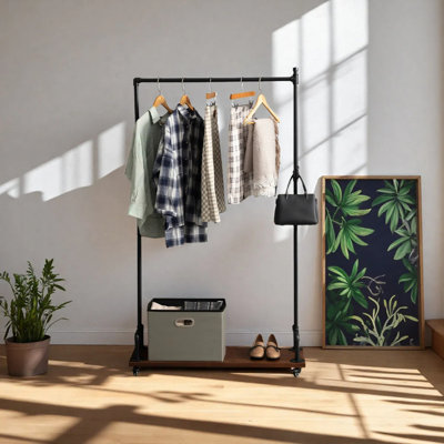 Industrial Pipe Clothing Rack With Wheels, Heavy Duty Rolling Garment Rack With Bottom Shelf, Sturdy Metal Clothes Rack For Hanging Clothes, Black Mobile Wardrobe Rack For Bedroom & Boutique