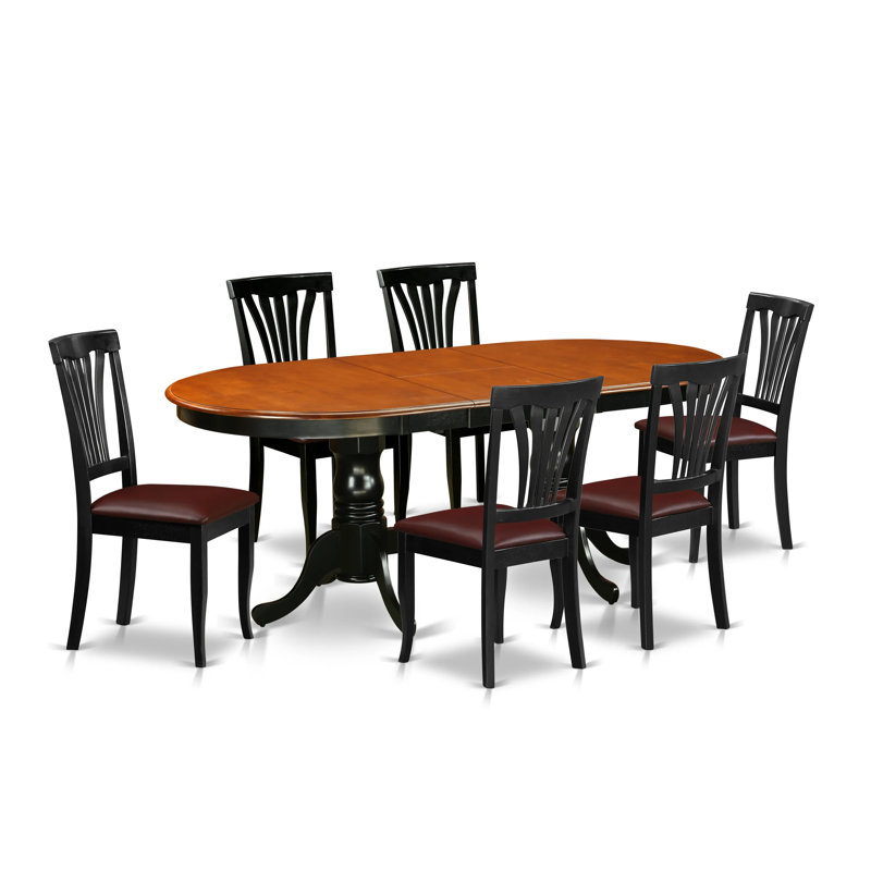 7 Piece Dining Table Set Consist of an Oval Dinner Table with Butterfly Leaf and 6 Faux Leather Dining Room Chairs, Black & Cherry