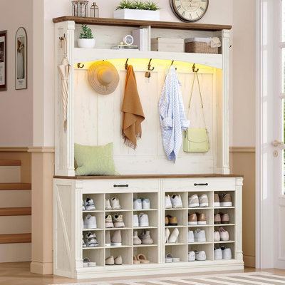 Arbre d'entrée 59 po avec banc et rangement pour chaussures, meuble d'entrée à DEL avec 8 crochets, 24 portemanteaux avec rangement, rangement pour hall d'entrée et portemanteau, blanc rustique