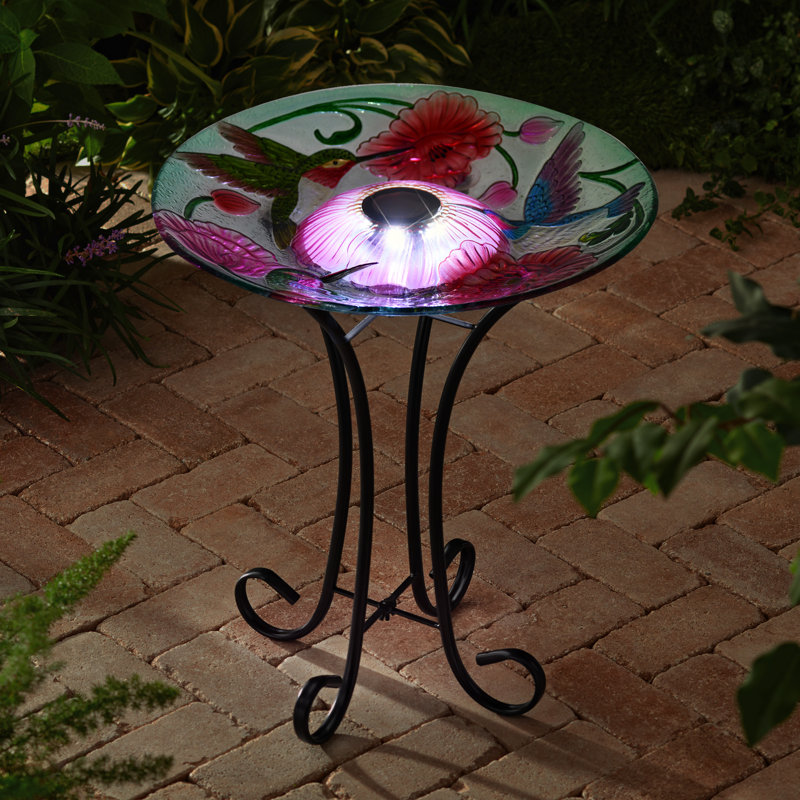 Solar LED Floral Glass Bird Bath with Metal Stand