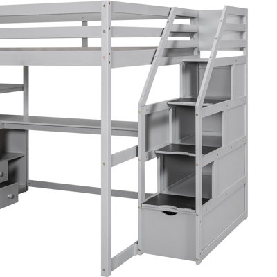 Lit mezzanine pleine grandeur gris avec bureau, tablettes et tablettes de rangement, tiroirs - Bois massif