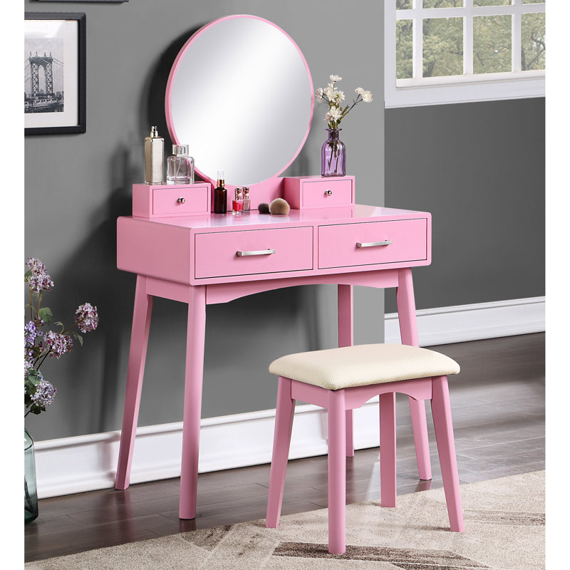 Coiffeuse et tabouret moderne en bois rose, Rose