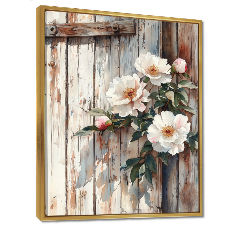 Pivoines par la porte de grange II - pivoines, art mural, H 40 po x l 30 po, Impression encadrée sans passe-partout, Doré