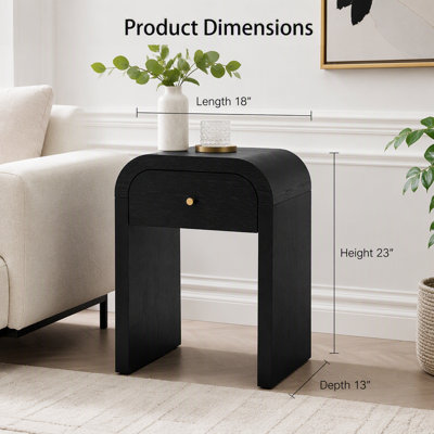 Table d'appoint incurvée en bois noir avec 1 tiroir, plateau à bords arrondis et pieds en forme de U