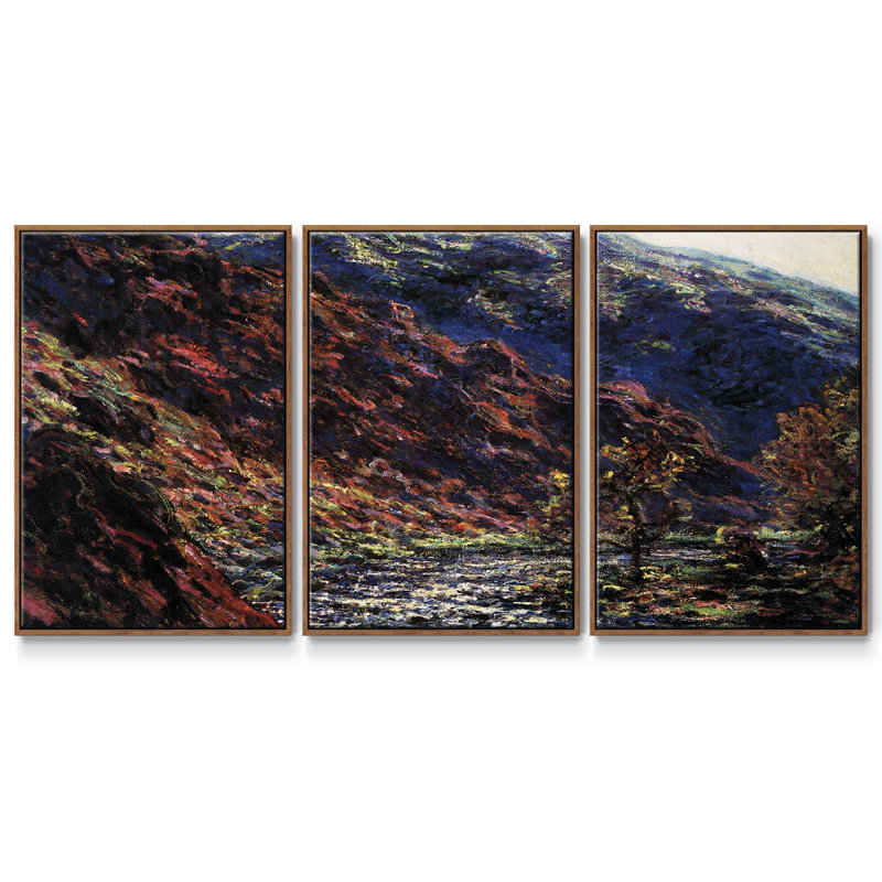 «Gorge Of The Petite Creuse» par Monet, reproduction sur toile 3 pièces, H 40 po x l 78 po x P 2 po, Noyer