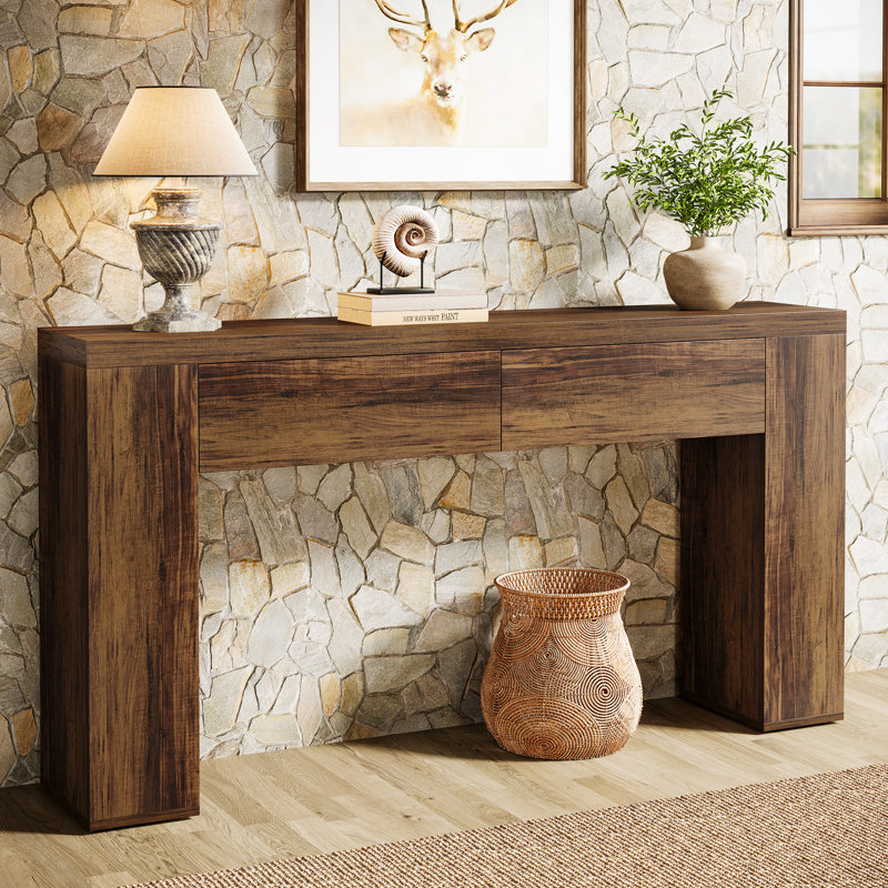 63-Inch Foyer Table With With 2 Hidden Drawers, Rustic Brown