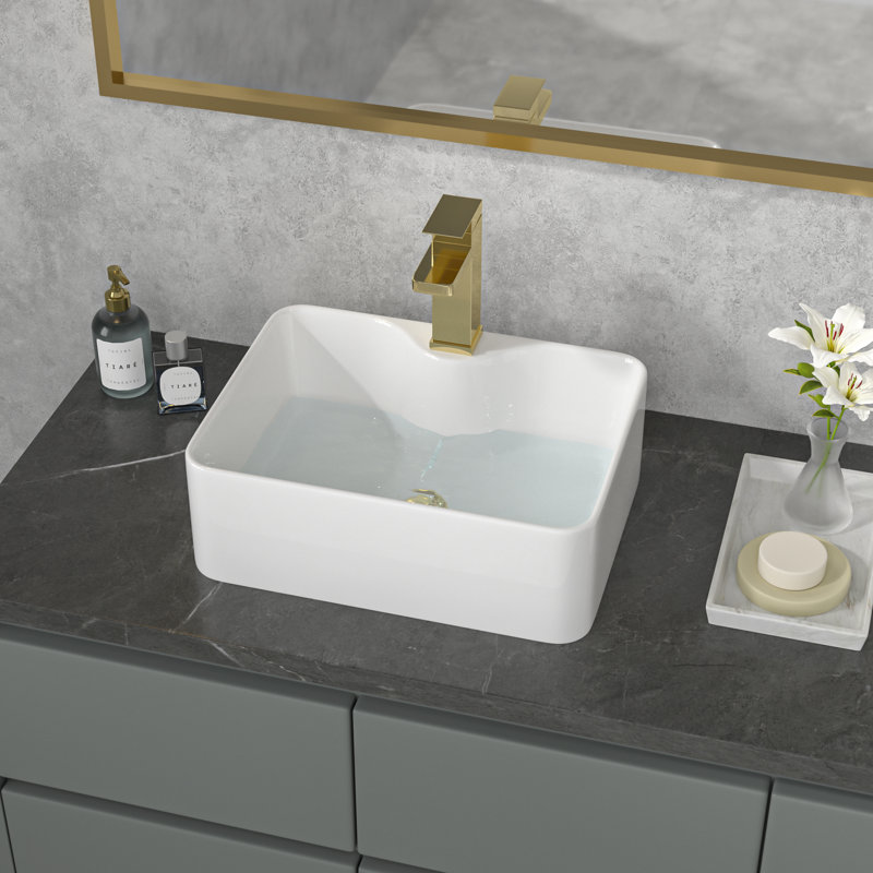 16" L x 12" W Rectangular Bathroom Sink White Ceramic Vessel Sink with Faucet Hole