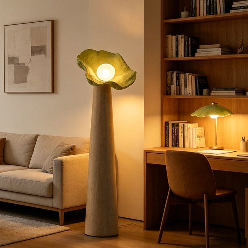 Blanc + vert + verre Burlywood + résine + lampes sur pied de forme libre en bois massif