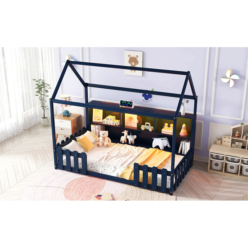 Lit simple avec lumière DEL, lit maison en bois avec bibliothèque de rangement, lit maison au sol avec garde-corps, Navy Blue