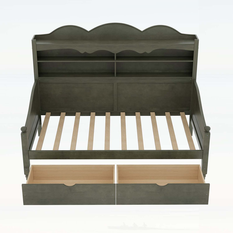 Twin Daybed With Storage Drawers,Wooden Headboard Shelving, Antique Gray