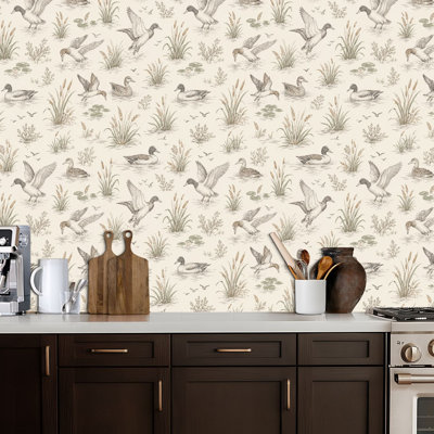 Peel and Stick Wallpaper Vintage Ducks Wetland Plants Beige Mallard Ducks Contact Paper Removable Self Adhesive Wall Mural Wall Decor for Bedroom Kitchen Cabinets 17.7in x 118in