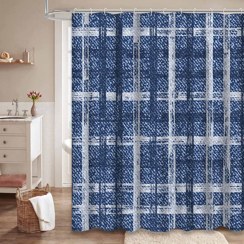 Rideau de douche quadrillé en denim délavé quadrillé avec 12 crochets Grid, L 72 po x l 84 po