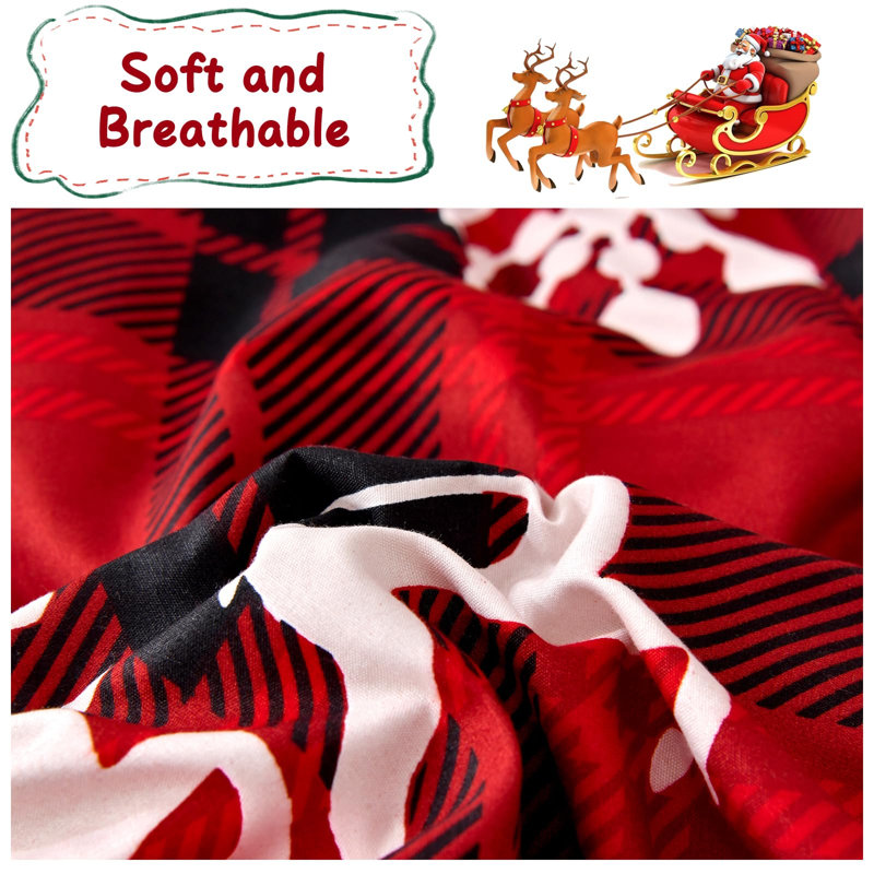 Ensemble de couette 7 pièces à motifs de rennes et de carreaux pour Noël, Très grand lit