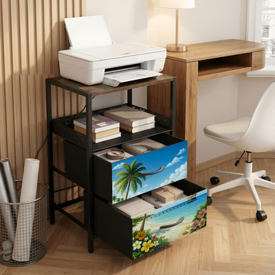 Table de chevet 2 tiroirs avec station de charge, table de chevet de chambre à coucher avec ports USB et prises de courant à tablette ouverte noire, table de chevet avec îlot de plage paradisiaque