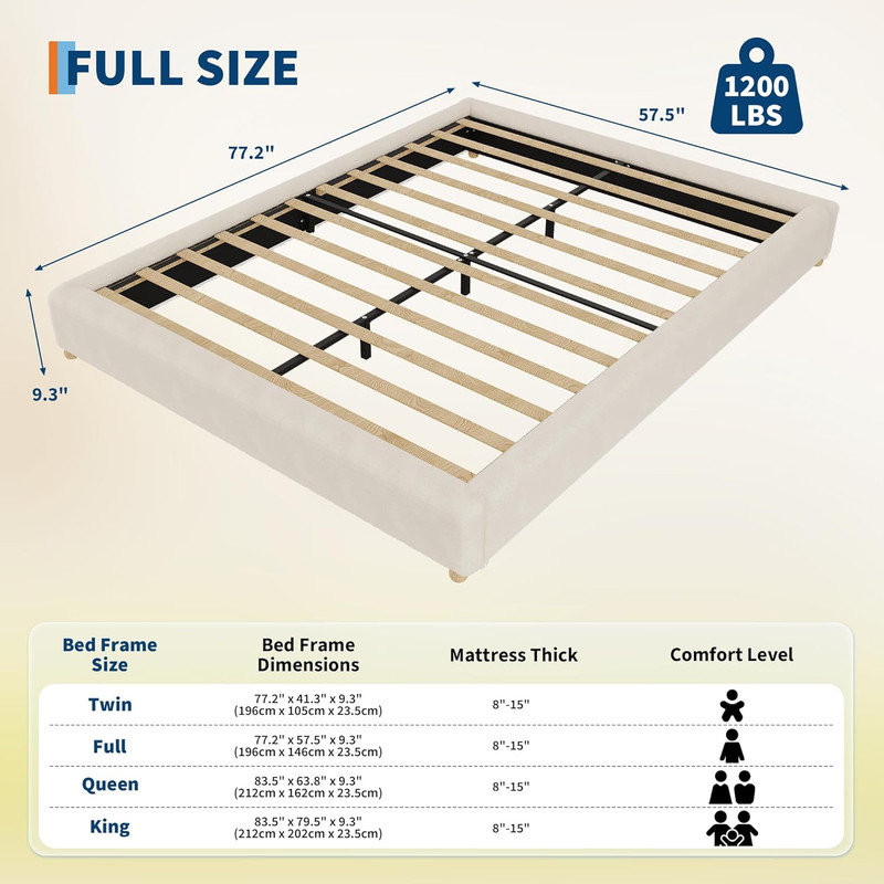 Structure de lit Cloud, lit plateforme tapissier en velours côtelé avec pattes en bois massif, Beige, Lit double