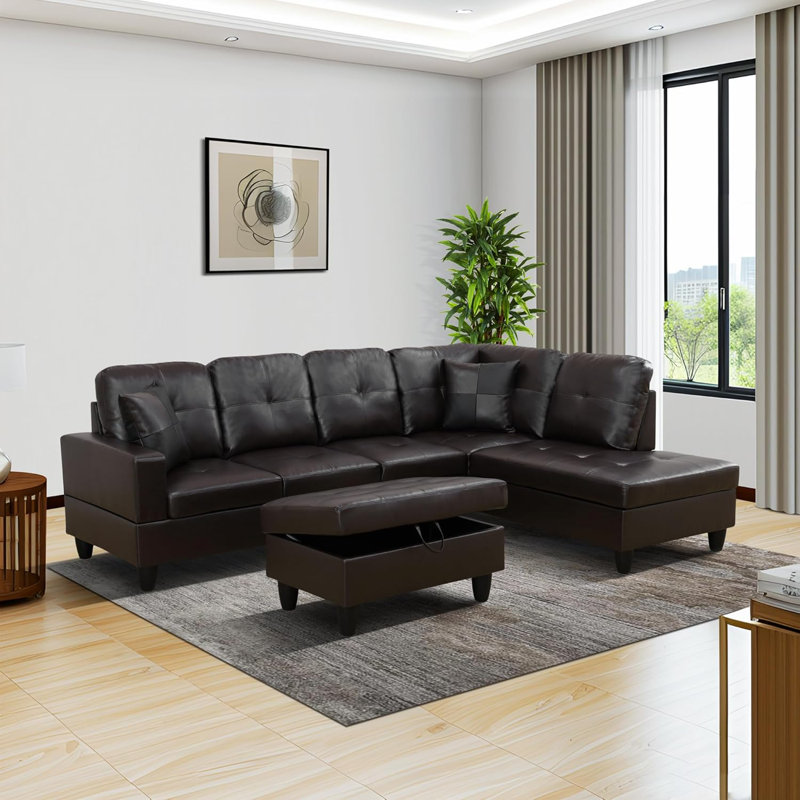 Amielia Faux Leather Sectional, Black, Right Hand Facing, Brown Faux Leather