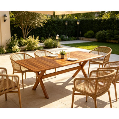 Table de salle à manger extensible de 60 à 76 po en bois d'acacia massif avec pieds en forme de X, table de patio extensible résistante aux intempéries et pouvant accueillir 4 à 6 personnes pour un rassemblement extérieur dans le jardin, plateau de table à drain à lattes nécessitant peu d'entretien