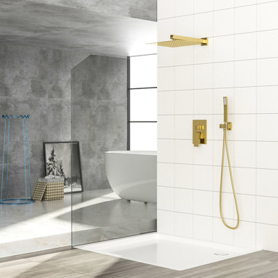 Système de double pomme de douche avec placage doré - dispositif mural carré de 10 pouces et poche réglable à 360 °