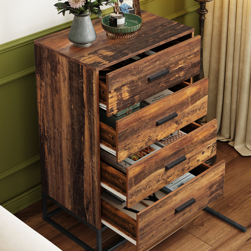 Ioannes 4-Drawer Wood Dresser for Bedroom, 35'' H Spacious Walnut Brown Dresser with Sturdy Metal Frame, Modern Chest of Drawers for Closet, Entryway, Hallway
