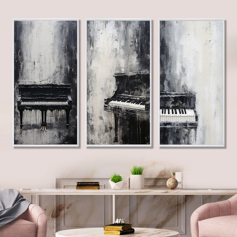 Minimalisme, piano, minuit, noir et blanc - Ensemble de 3 décorations murales piano musical, Cadre flottant blanc