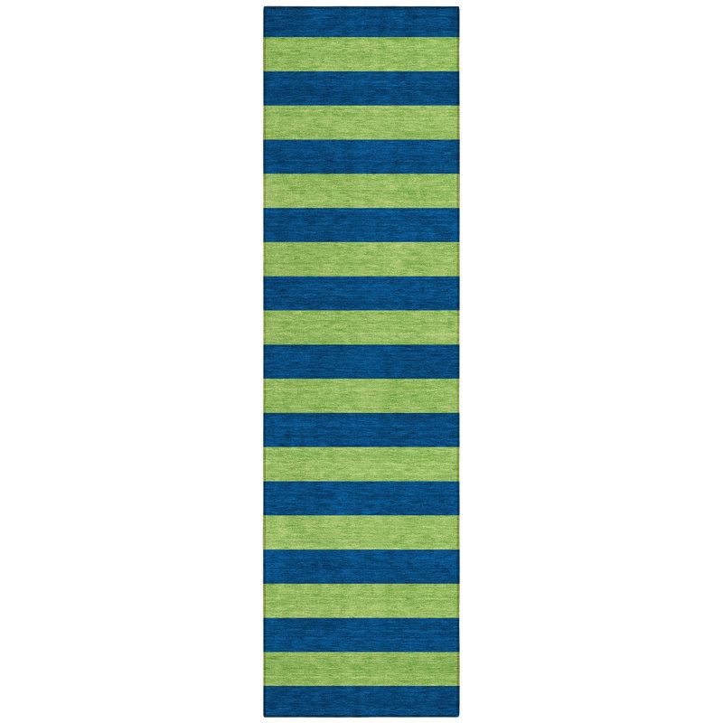 8' Runner Navy Blue Striped Washable Non Skid Indoor Outdoor Runner Rug