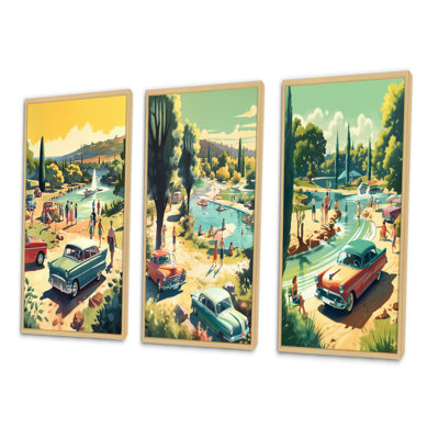 «50'S Vintage Cars By The Beach», 3 pièces sur toile